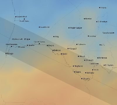 Map of the average cloud coverage across Mauritania for the solar eclipse of 06/28/1908