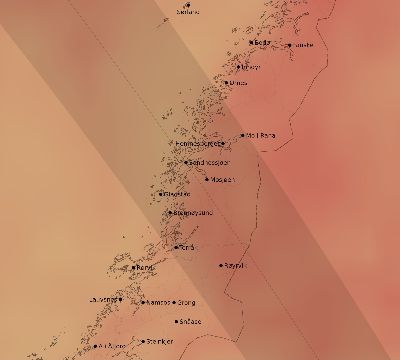 Map of the average cloud coverage across Norway for the solar eclipse of 08/21/1914