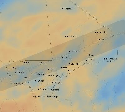 Map of the average cloud coverage across Mali for the solar eclipse of 11/22/1919
