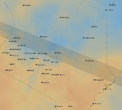 Map of the average cloud coverage across Kenya for the solar eclipse of 01/14/1926