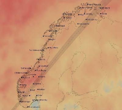 Map of the average cloud coverage across Norway for the solar eclipse of 06/29/1927