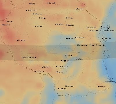 Map of the average cloud coverage across Tanzania for the solar eclipse of 11/01/1929