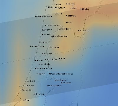 Map of the average cloud coverage across Israel for the solar eclipse of 08/21/1933