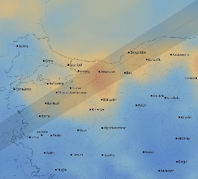 Map of the average cloud coverage across Turkey for the solar eclipse of 06/19/1936