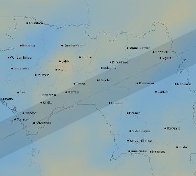 Map of the average cloud coverage across Guinea for the solar eclipse of 01/25/1944