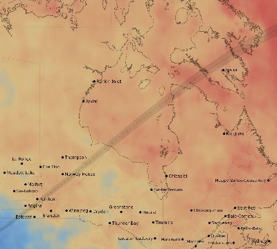 Map of the average cloud coverage across Canada for the solar eclipse of 07/09/1945
