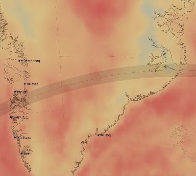 Map of the average cloud coverage across Greenland for the solar eclipse of 07/09/1945