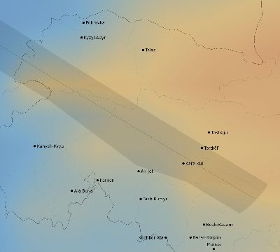 Map of the average cloud coverage across Kyrgyzstan for the solar eclipse of 07/09/1945