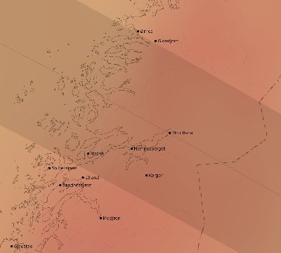 Map of the average cloud coverage across Norway for the solar eclipse of 07/09/1945