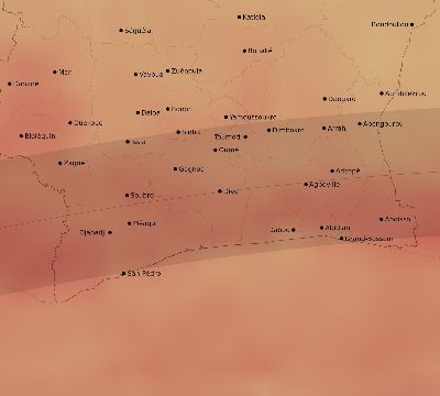 Map of the average cloud coverage across Côte d'Ivoire (Ivory Coast) for the solar eclipse of 05/20/1947