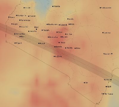 Map of the average cloud coverage across Kenya for the solar eclipse of 11/01/1948