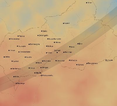 Map of the average cloud coverage across Central African Republic for the solar eclipse of 02/25/1952