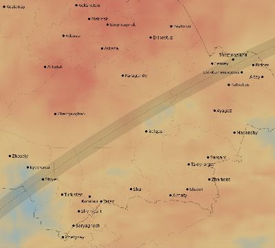 Map of the average cloud coverage across Kazakhstan for the solar eclipse of 02/25/1952
