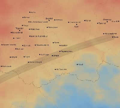 Map of the average cloud coverage across Russia for the solar eclipse of 02/25/1952