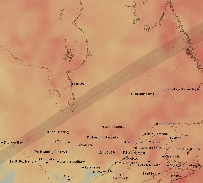 Map of the average cloud coverage across Canada for the solar eclipse of 06/30/1954