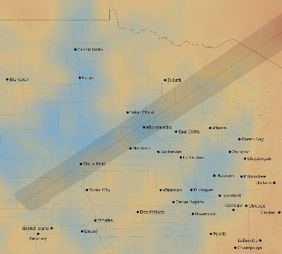 Map of the average cloud coverage across United States for the solar eclipse of 06/30/1954