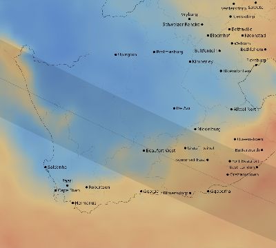 Map of the average cloud coverage across South Africa for the solar eclipse of 12/25/1954