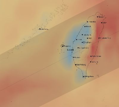 Map of the average cloud coverage across Taiwan for the solar eclipse of 12/14/1955