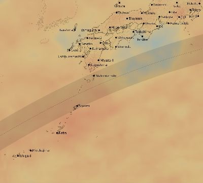 Map of the average cloud coverage across Japan for the solar eclipse of 04/19/1958