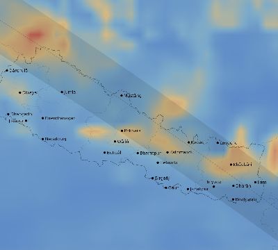 Map of the average cloud coverage across Nepal for the solar eclipse of 11/23/1965