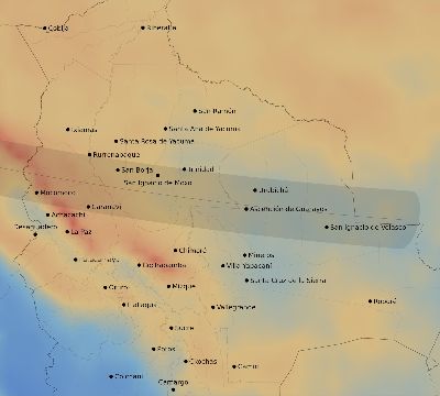 Map of the average cloud coverage across Bolivia for the solar eclipse of 09/11/1969