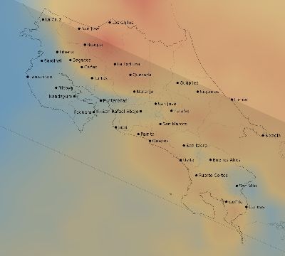 Map of the average cloud coverage across Costa Rica for the solar eclipse of 12/24/1973