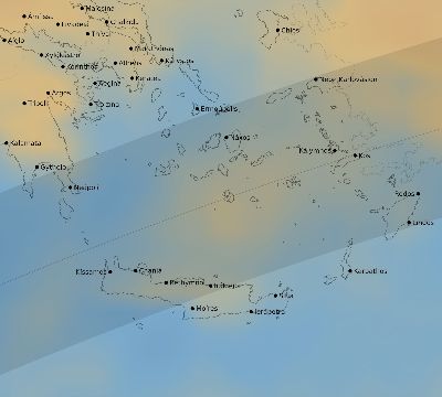 Map of the average cloud coverage across Greece for the solar eclipse of 04/29/1976