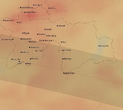 Map of the average cloud coverage across Tajikistan for the solar eclipse of 04/29/1976