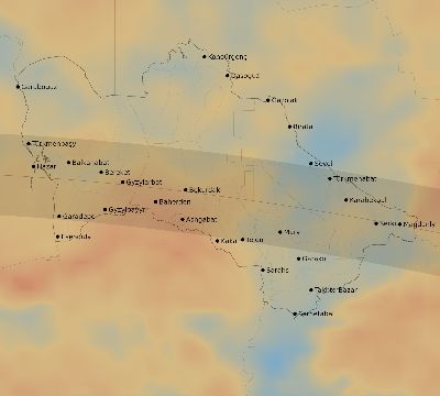 Map of the average cloud coverage across Turkmenistan for the solar eclipse of 04/29/1976