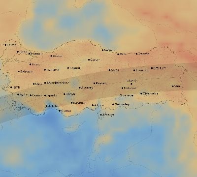 Map of the average cloud coverage across Turkey for the solar eclipse of 04/29/1976