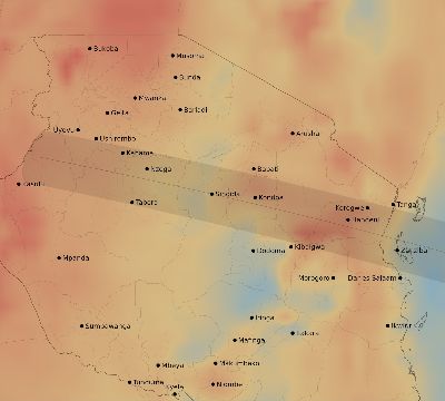 Map of the average cloud coverage across Tanzania for the solar eclipse of 10/23/1976