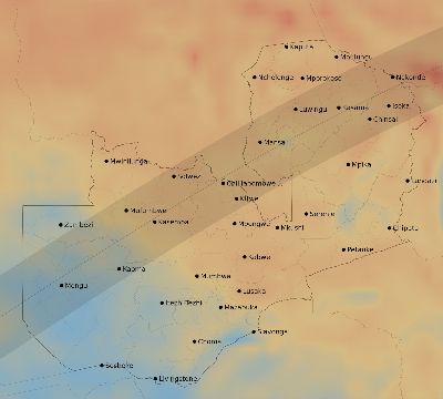 Map of the average cloud coverage across Zambia for the solar eclipse of 04/18/1977