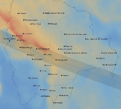 Map of the average cloud coverage across Bolivia for the solar eclipse of 08/10/1980