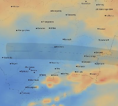 Map of the average cloud coverage across Kazakhstan for the solar eclipse of 09/23/1987
