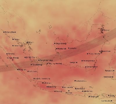 Map of the average cloud coverage across Indonesia for the solar eclipse of 03/18/1988