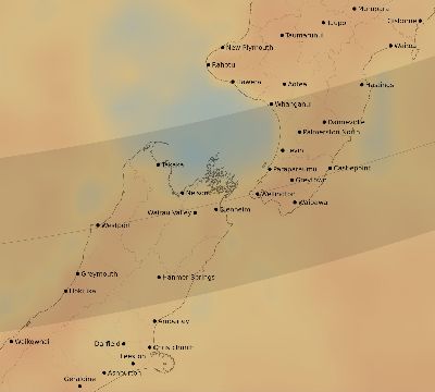 Map of the average cloud coverage across New Zealand for the solar eclipse of 01/15/1991
