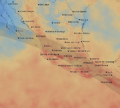 Map of the average cloud coverage across Mexico for the solar eclipse of 07/11/1991