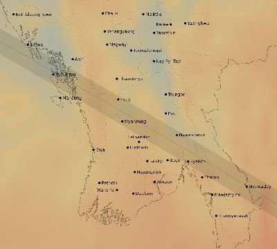 Map of the average cloud coverage across Myanmar for the solar eclipse of 10/24/1995