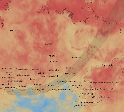 Map of the average cloud coverage across Russia for the solar eclipse of 03/09/1997