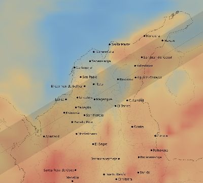 Map of the average cloud coverage across Colombia for the solar eclipse of 02/26/1998