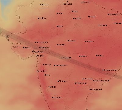 Map of the average cloud coverage across India for the solar eclipse of 08/11/1999