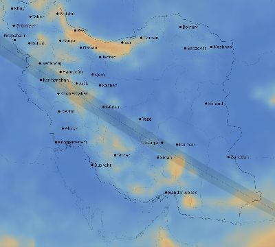 Map of the average cloud coverage across Iran for the solar eclipse of 08/11/1999
