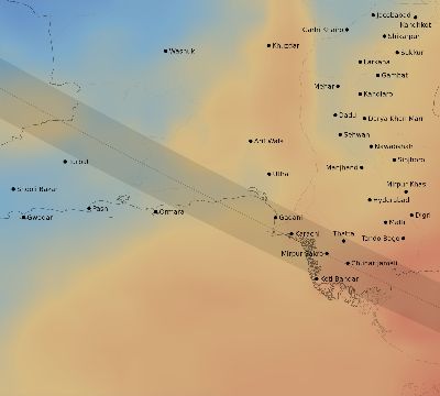Map of the average cloud coverage across Pakistan for the solar eclipse of 08/11/1999