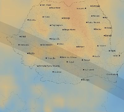 Map of the average cloud coverage across Romania for the solar eclipse of 08/11/1999