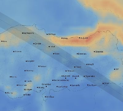 Map of the average cloud coverage across Turkey for the solar eclipse of 08/11/1999