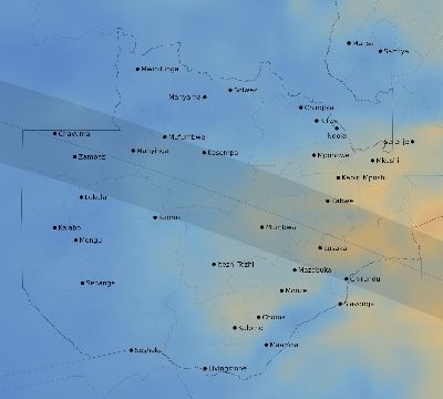 Map of the average cloud coverage across Zambia for the solar eclipse of 06/21/2001