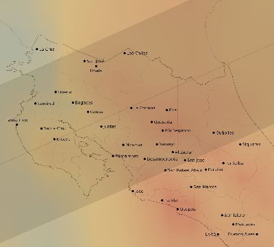 Map of the average cloud coverage across Costa Rica for the solar eclipse of 12/14/2001