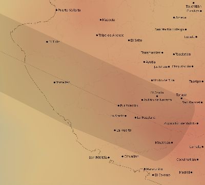 Map of the average cloud coverage across Mexico for the solar eclipse of 06/10/2002