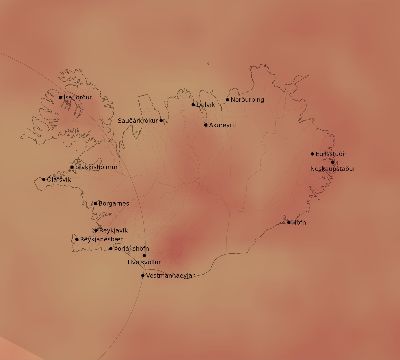 Map of the average cloud coverage across Iceland for the solar eclipse of 05/31/2003