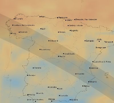 Map of the average cloud coverage across Spain for the solar eclipse of 10/03/2005